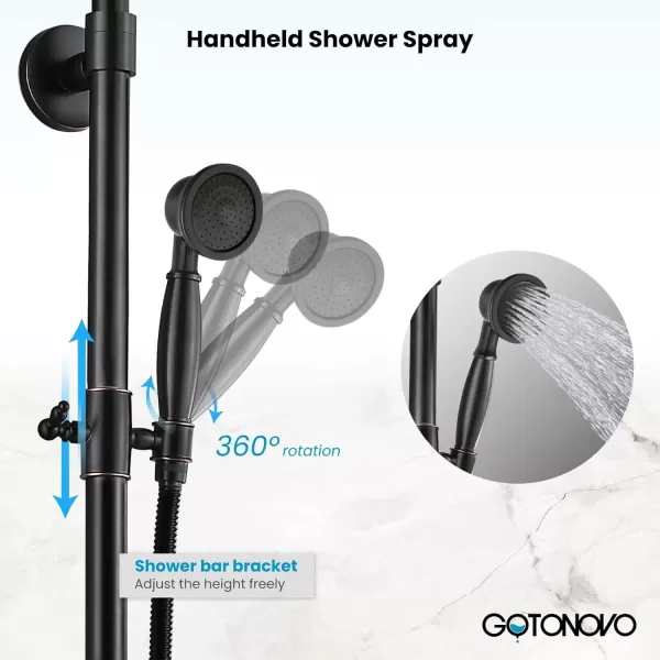 imagegotonovo Polished Chrome Exposed Pipe Bathroom Shower System Wall Mount 8 Round Shower Head Triple Function Mixer Shower Faucet Sets with 2 Lever Knobs Handheld Sprayer with Tub SpoutOilBubbed Bronze