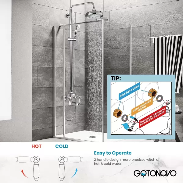 imagegotonovo Polished Chrome Exposed Pipe Bathroom Shower System Wall Mount 8 Round Shower Head Triple Function Mixer Shower Faucet Sets with 2 Lever Knobs Handheld Sprayer with Tub SpoutPolished Chrome
