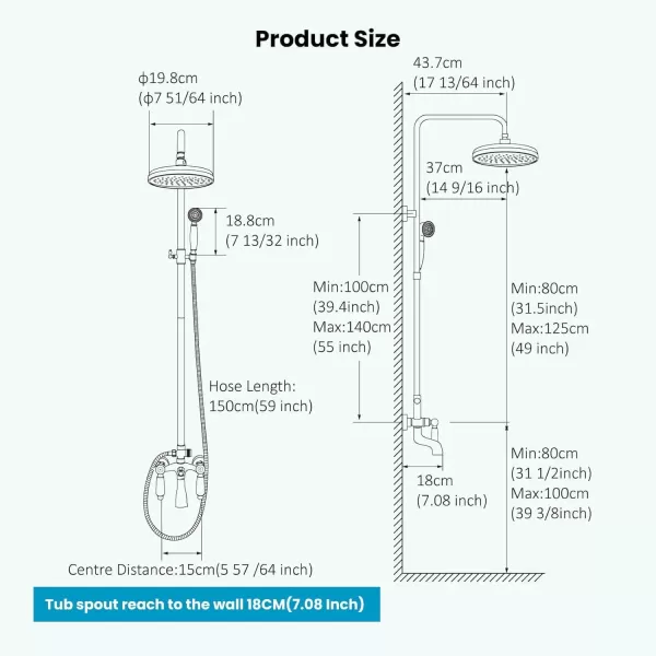 imagegotonovo Polished Chrome Exposed Pipe Bathroom Shower System Wall Mount 8 Round Shower Head Triple Function Mixer Shower Faucet Sets with 2 Lever Knobs Handheld Sprayer with Tub SpoutPolished Chrome