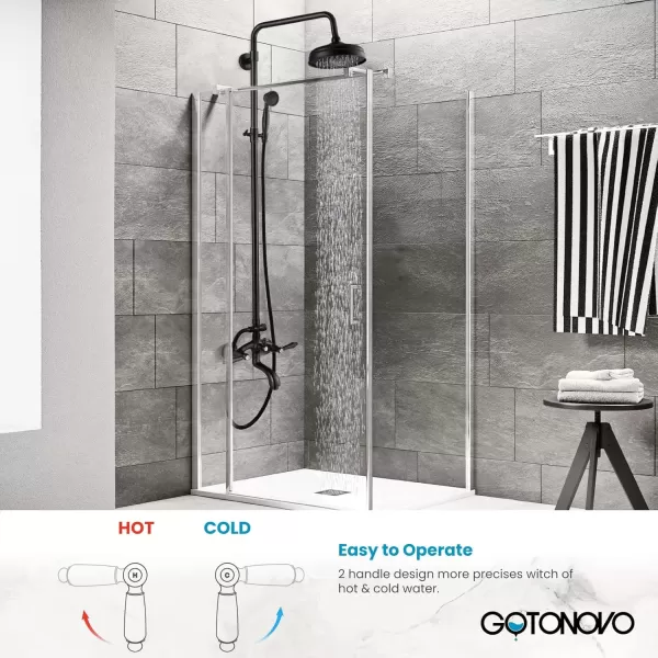 imagegotonovo Polished Chrome Exposed Pipe Bathroom Shower System Wall Mount 8 Round Shower Head Triple Function Mixer Shower Faucet Sets with 2 Lever Knobs Handheld Sprayer with Tub SpoutOilBubbed Bronze