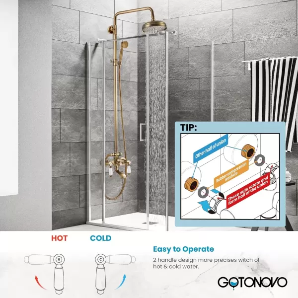 imagegotonovo Polished Chrome Exposed Pipe Bathroom Shower System Wall Mount 8 Round Shower Head Triple Function Mixer Shower Faucet Sets with 2 Lever Knobs Handheld Sprayer with Tub SpoutAntique Brass