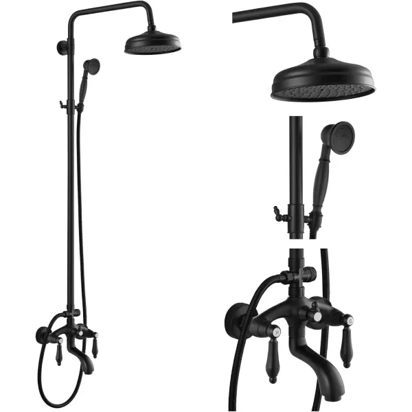 imagegotonovo Polished Chrome Exposed Pipe Bathroom Shower System Wall Mount 8 Round Shower Head Triple Function Mixer Shower Faucet Sets with 2 Lever Knobs Handheld Sprayer with Tub SpoutMatte Black