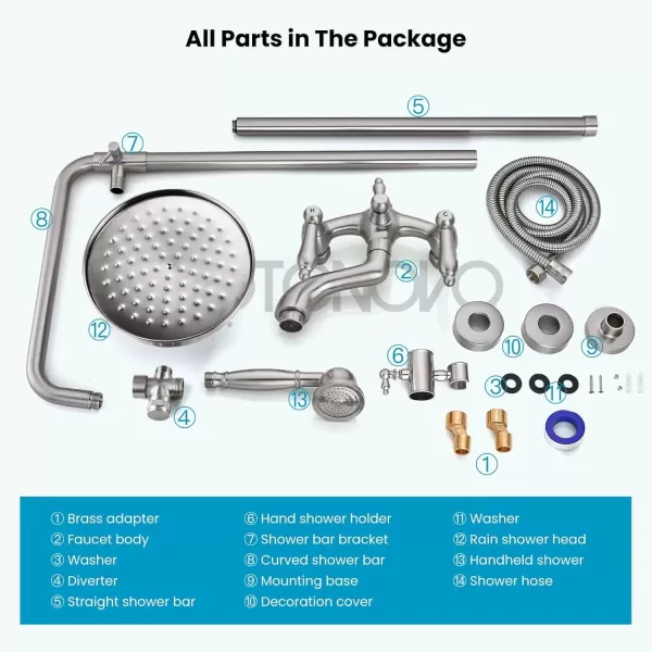 imagegotonovo Polished Chrome Exposed Pipe Bathroom Shower System Wall Mount 8 Round Shower Head Triple Function Mixer Shower Faucet Sets with 2 Lever Knobs Handheld Sprayer with Tub SpoutBrushed Nickel