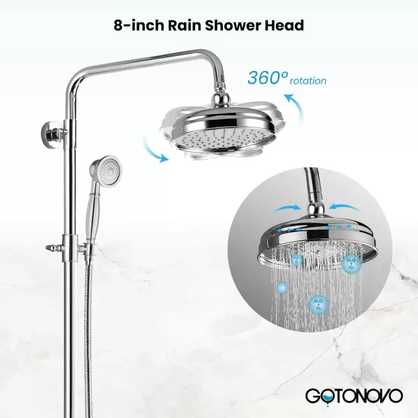imagegotonovo Polished Chrome Exposed Pipe Bathroom Shower System Wall Mount 8 Round Shower Head Triple Function Mixer Shower Faucet Sets with 2 Lever Knobs Handheld Sprayer with Tub SpoutPolished Chrome