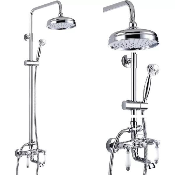 imagegotonovo Polished Chrome Exposed Pipe Bathroom Shower System Wall Mount 8 Round Shower Head Triple Function Mixer Shower Faucet Sets with 2 Lever Knobs Handheld Sprayer with Tub SpoutPolished Chrome