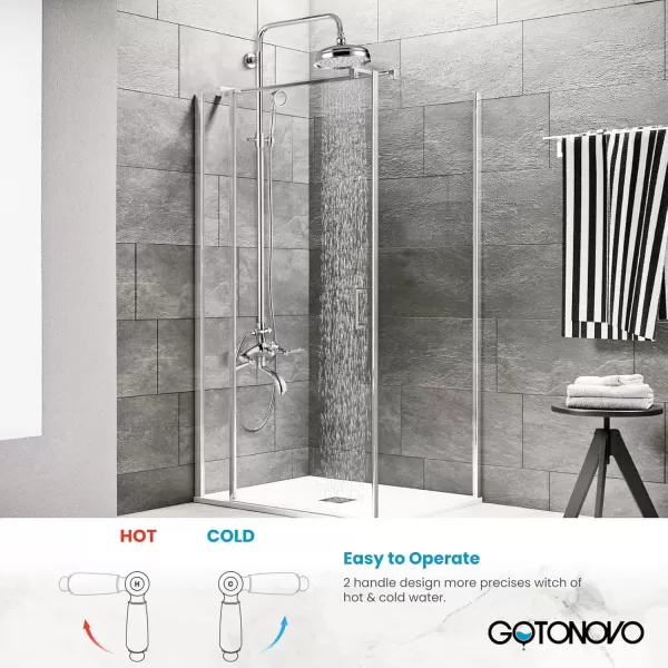 imagegotonovo Polished Chrome Exposed Pipe Bathroom Shower System Wall Mount 8 Round Shower Head Triple Function Mixer Shower Faucet Sets with 2 Lever Knobs Handheld Sprayer with Tub SpoutPolished Chrome