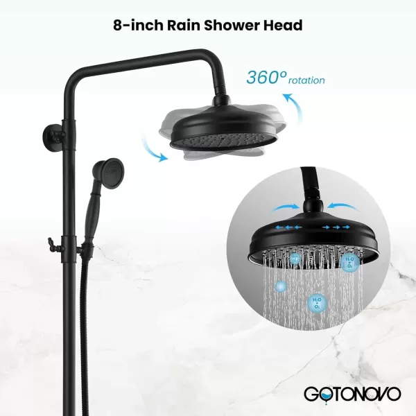 imagegotonovo Polished Chrome Exposed Pipe Bathroom Shower System Wall Mount 8 Round Shower Head Triple Function Mixer Shower Faucet Sets with 2 Lever Knobs Handheld Sprayer with Tub SpoutMatte Black