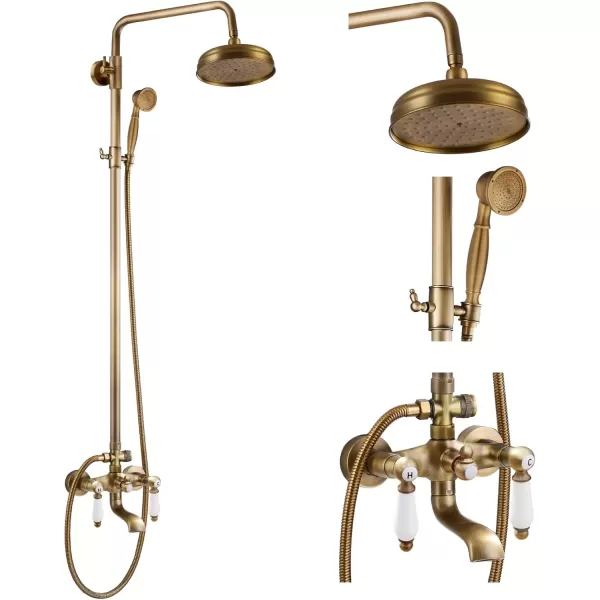 imagegotonovo Polished Chrome Exposed Pipe Bathroom Shower System Wall Mount 8 Round Shower Head Triple Function Mixer Shower Faucet Sets with 2 Lever Knobs Handheld Sprayer with Tub SpoutAntique Brass