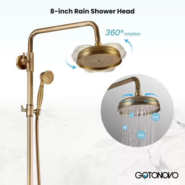 imagegotonovo Polished Chrome Exposed Pipe Bathroom Shower System Wall Mount 8 Round Shower Head Triple Function Mixer Shower Faucet Sets with 2 Lever Knobs Handheld Sprayer with Tub SpoutAntique Brass