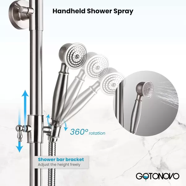 imagegotonovo Polished Chrome Exposed Pipe Bathroom Shower System Wall Mount 8 Round Shower Head Triple Function Mixer Shower Faucet Sets with 2 Lever Knobs Handheld Sprayer with Tub SpoutBrushed Nickel
