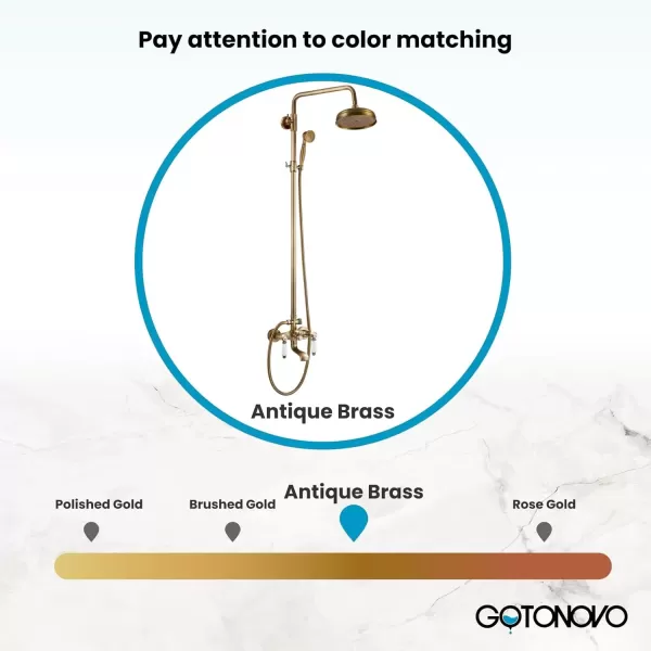 imagegotonovo Polished Chrome Exposed Pipe Bathroom Shower System Wall Mount 8 Round Shower Head Triple Function Mixer Shower Faucet Sets with 2 Lever Knobs Handheld Sprayer with Tub SpoutAntique Brass