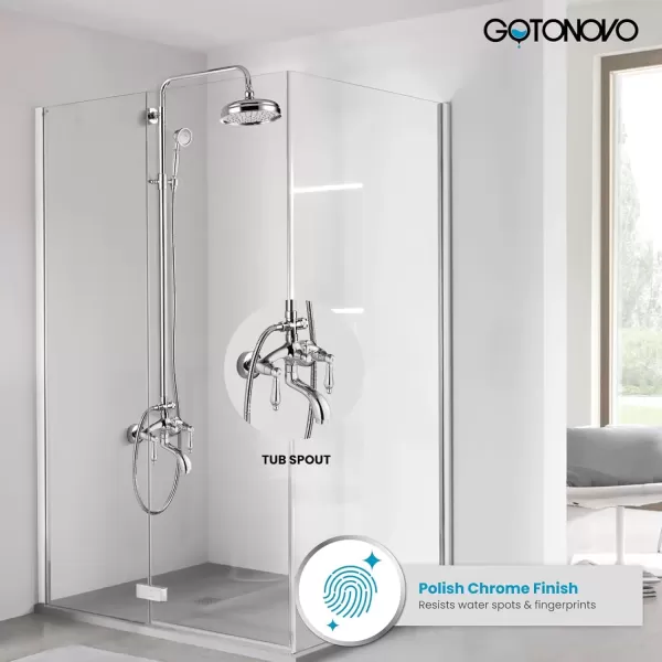 imagegotonovo Polished Chrome Exposed Pipe Bathroom Shower System Wall Mount 8 Round Shower Head Triple Function Mixer Shower Faucet Sets with 2 Lever Knobs Handheld Sprayer with Tub SpoutPolished Chrome