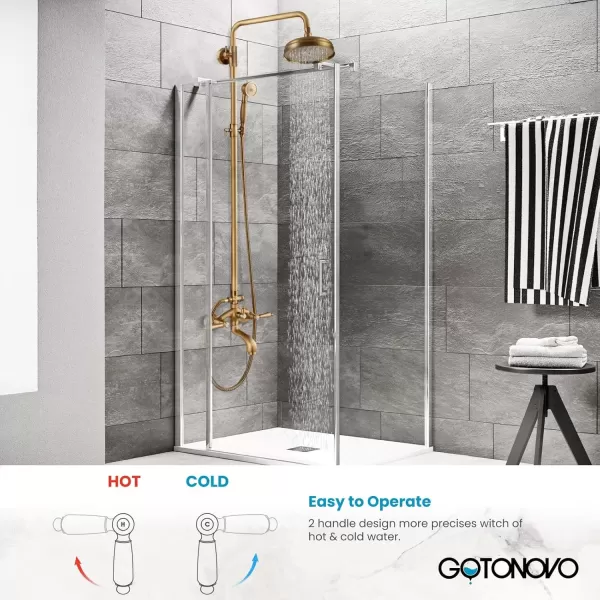 imagegotonovo Polished Chrome Exposed Pipe Bathroom Shower System Wall Mount 8 Round Shower Head Triple Function Mixer Shower Faucet Sets with 2 Lever Knobs Handheld Sprayer with Tub SpoutAntique Brass