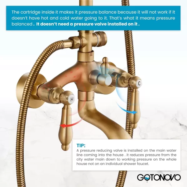 imagegotonovo Polished Chrome Exposed Pipe Bathroom Shower System Wall Mount 8 Round Shower Head Triple Function Mixer Shower Faucet Sets with 2 Lever Knobs Handheld Sprayer with Tub SpoutAntique Brass