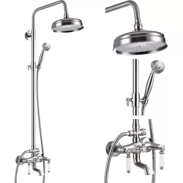 imagegotonovo Polished Chrome Exposed Pipe Bathroom Shower System Wall Mount 8 Round Shower Head Triple Function Mixer Shower Faucet Sets with 2 Lever Knobs Handheld Sprayer with Tub SpoutBrushed Nickel