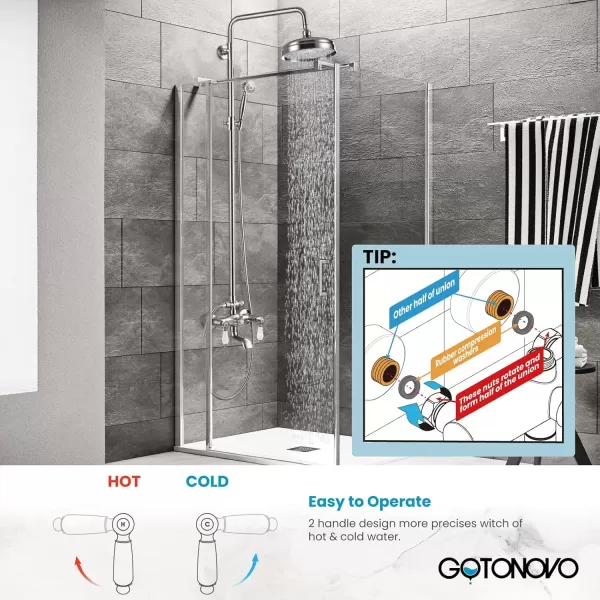 imagegotonovo Polished Chrome Exposed Pipe Bathroom Shower System Wall Mount 8 Round Shower Head Triple Function Mixer Shower Faucet Sets with 2 Lever Knobs Handheld Sprayer with Tub SpoutBrushed Nickel