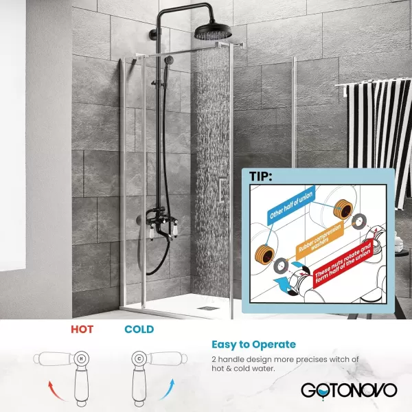 imagegotonovo Polished Chrome Exposed Pipe Bathroom Shower System Wall Mount 8 Round Shower Head Triple Function Mixer Shower Faucet Sets with 2 Lever Knobs Handheld Sprayer with Tub SpoutOilBubbed Bronze