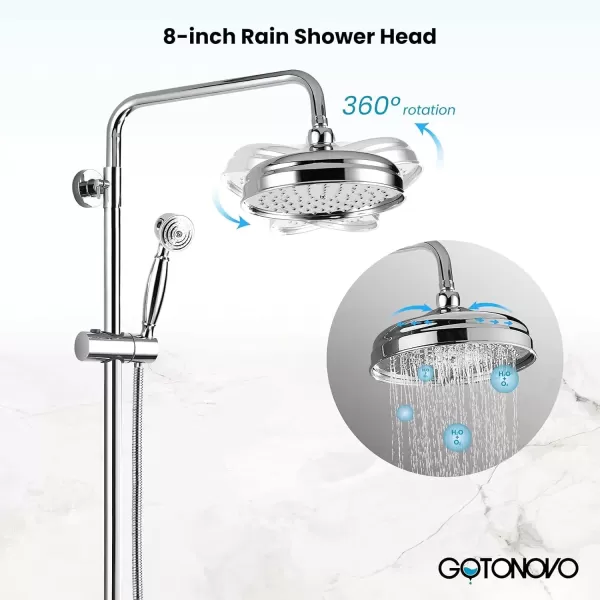 imagegotonovo Polished Chrome Exposed Pipe Bathroom Shower System Wall Mount 8 Round Shower Head Triple Function Mixer Shower Faucet Sets with 2 Lever Knobs Handheld Sprayer with Tub SpoutPolished Chrome