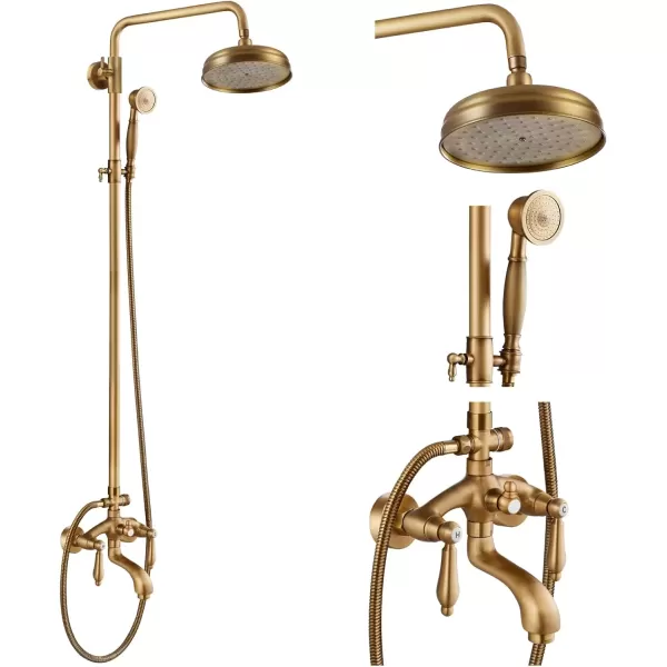 imagegotonovo Polished Chrome Exposed Pipe Bathroom Shower System Wall Mount 8 Round Shower Head Triple Function Mixer Shower Faucet Sets with 2 Lever Knobs Handheld Sprayer with Tub SpoutAntique Brass