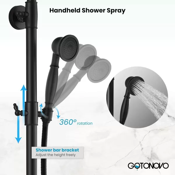 imagegotonovo Polished Chrome Exposed Pipe Bathroom Shower System Wall Mount 8 Round Shower Head Triple Function Mixer Shower Faucet Sets with 2 Lever Knobs Handheld Sprayer with Tub SpoutMatte Black