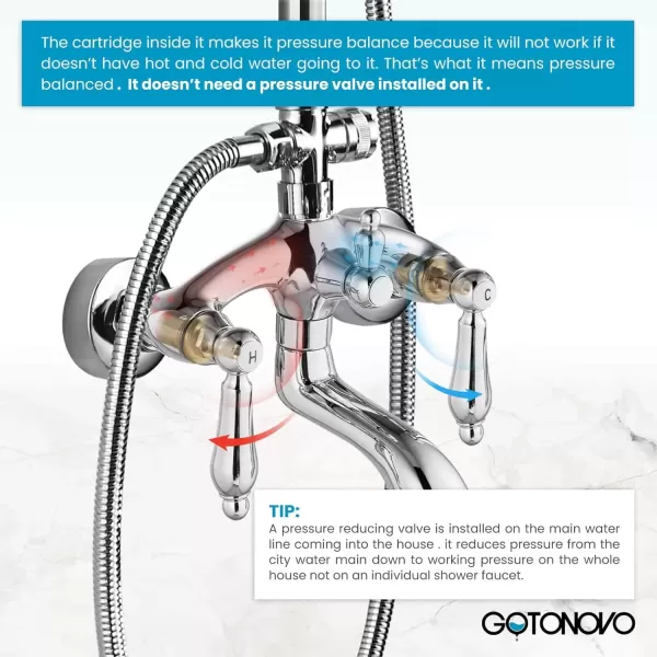 imagegotonovo Polished Chrome Exposed Pipe Bathroom Shower System Wall Mount 8 Round Shower Head Triple Function Mixer Shower Faucet Sets with 2 Lever Knobs Handheld Sprayer with Tub SpoutPolished Chrome