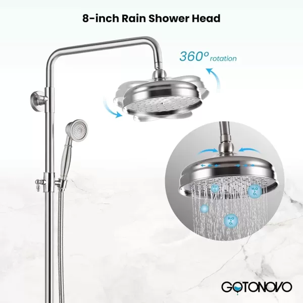 imagegotonovo Polished Chrome Exposed Pipe Bathroom Shower System Wall Mount 8 Round Shower Head Triple Function Mixer Shower Faucet Sets with 2 Lever Knobs Handheld Sprayer with Tub SpoutBrushed Nickel