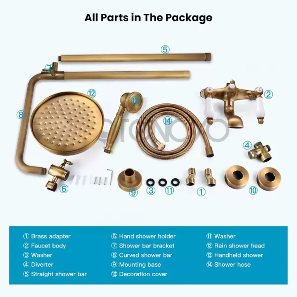 imagegotonovo Polished Chrome Exposed Pipe Bathroom Shower System Wall Mount 8 Round Shower Head Triple Function Mixer Shower Faucet Sets with 2 Lever Knobs Handheld Sprayer with Tub SpoutAntique Brass
