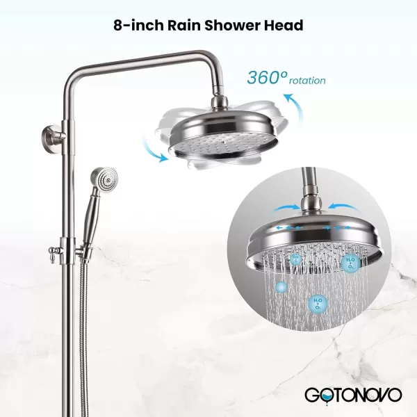 imagegotonovo Polished Chrome Exposed Pipe Bathroom Shower System Wall Mount 8 Round Shower Head Triple Function Mixer Shower Faucet Sets with 2 Lever Knobs Handheld Sprayer with Tub SpoutBrushed Nickel