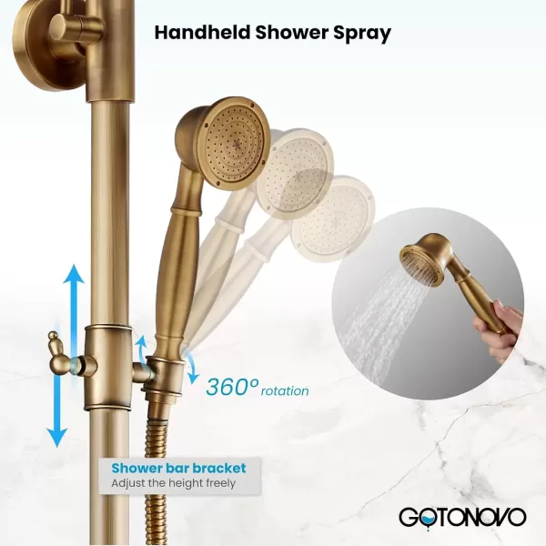 imagegotonovo Polished Chrome Exposed Pipe Bathroom Shower System Wall Mount 8 Round Shower Head Triple Function Mixer Shower Faucet Sets with 2 Lever Knobs Handheld Sprayer with Tub SpoutAntique Brass