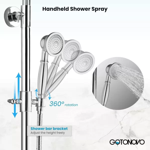 imagegotonovo Polished Chrome Exposed Pipe Bathroom Shower System Wall Mount 8 Round Shower Head Triple Function Mixer Shower Faucet Sets with 2 Lever Knobs Handheld Sprayer with Tub SpoutPolished Chrome