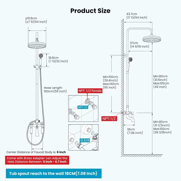 imagegotonovo Polished Chrome Exposed Pipe Bathroom Shower System Wall Mount 8 Round Shower Head Triple Function Mixer Shower Faucet Sets with 2 Lever Knobs Handheld Sprayer with Tub SpoutBrushed Nickel
