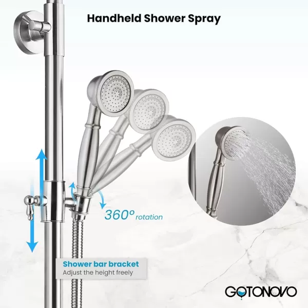 imagegotonovo Polished Chrome Exposed Pipe Bathroom Shower System Wall Mount 8 Round Shower Head Triple Function Mixer Shower Faucet Sets with 2 Lever Knobs Handheld Sprayer with Tub SpoutBrushed Nickel