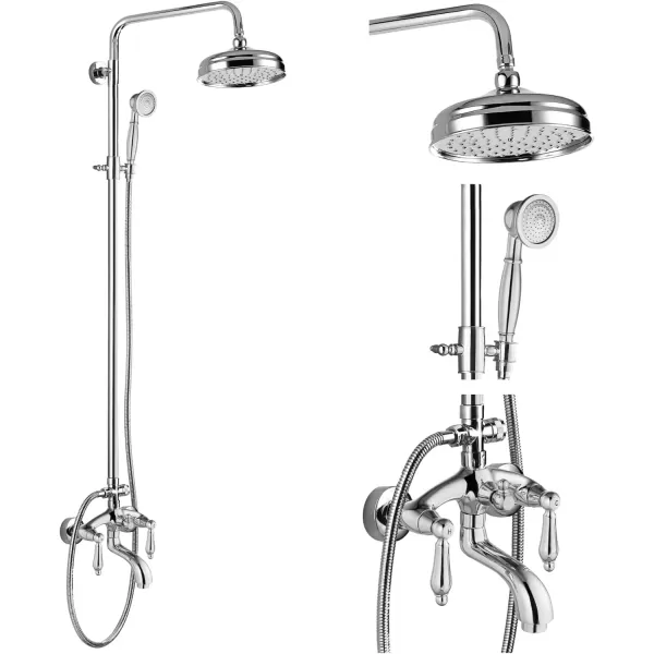 imagegotonovo Polished Chrome Exposed Pipe Bathroom Shower System Wall Mount 8 Round Shower Head Triple Function Mixer Shower Faucet Sets with 2 Lever Knobs Handheld Sprayer with Tub SpoutPolished Chrome
