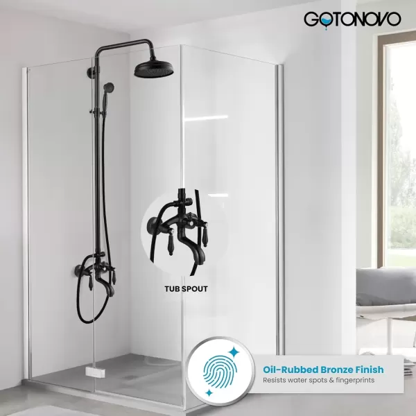 imagegotonovo Polished Chrome Exposed Pipe Bathroom Shower System Wall Mount 8 Round Shower Head Triple Function Mixer Shower Faucet Sets with 2 Lever Knobs Handheld Sprayer with Tub SpoutOilBubbed Bronze