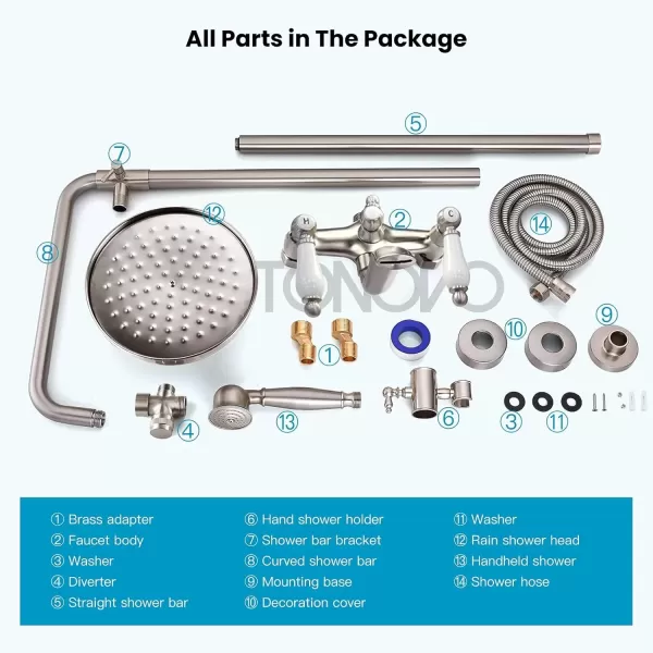 imagegotonovo Polished Chrome Exposed Pipe Bathroom Shower System Wall Mount 8 Round Shower Head Triple Function Mixer Shower Faucet Sets with 2 Lever Knobs Handheld Sprayer with Tub SpoutBrushed Nickel