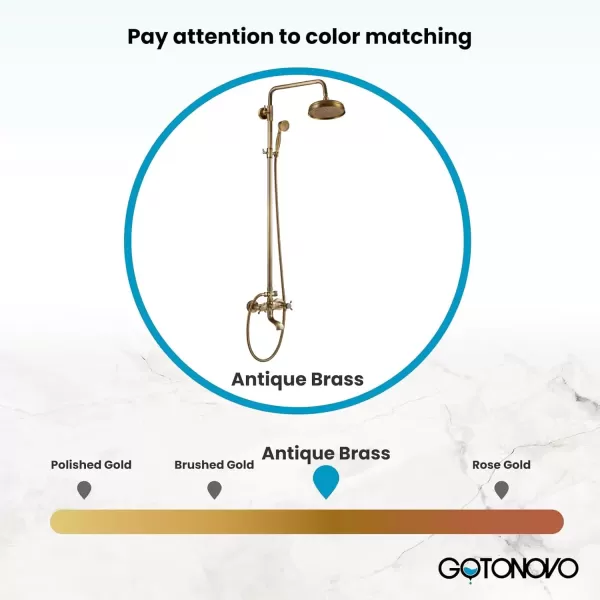 imagegotonovo Polished Chrome Exposed Pipe Bathroom Shower System Wall Mount 8 Round Shower Head Triple Function Mixer Shower Faucet Sets with 2 Lever Knobs Handheld Sprayer with Tub SpoutAntique Brass