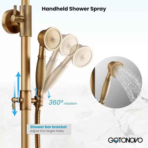 imagegotonovo Polished Chrome Exposed Pipe Bathroom Shower System Wall Mount 8 Round Shower Head Triple Function Mixer Shower Faucet Sets with 2 Lever Knobs Handheld Sprayer with Tub SpoutAntique Brass