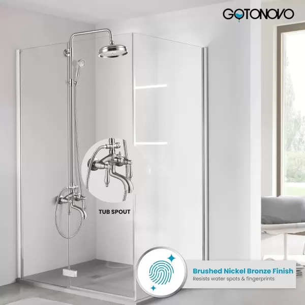 imagegotonovo Polished Chrome Exposed Pipe Bathroom Shower System Wall Mount 8 Round Shower Head Triple Function Mixer Shower Faucet Sets with 2 Lever Knobs Handheld Sprayer with Tub SpoutBrushed Nickel