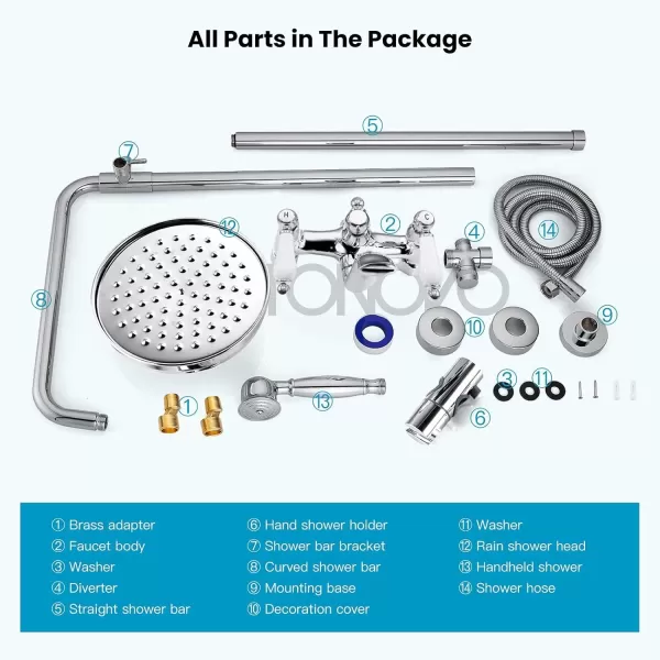 imagegotonovo Polished Chrome Exposed Pipe Bathroom Shower System Wall Mount 8 Round Shower Head Triple Function Mixer Shower Faucet Sets with 2 Lever Knobs Handheld Sprayer with Tub SpoutPolished Chrome