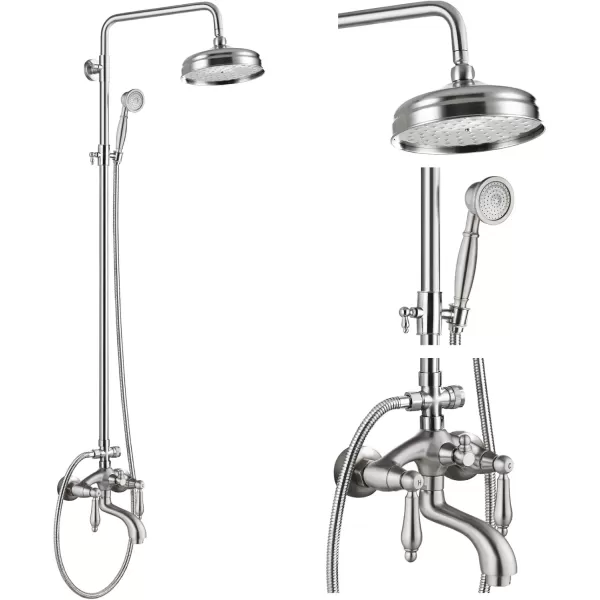 imagegotonovo Polished Chrome Exposed Pipe Bathroom Shower System Wall Mount 8 Round Shower Head Triple Function Mixer Shower Faucet Sets with 2 Lever Knobs Handheld Sprayer with Tub SpoutBrushed Nickel