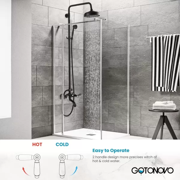 imagegotonovo Polished Chrome Exposed Pipe Bathroom Shower System Wall Mount 8 Round Shower Head Triple Function Mixer Shower Faucet Sets with 2 Lever Knobs Handheld Sprayer with Tub SpoutMatte Black