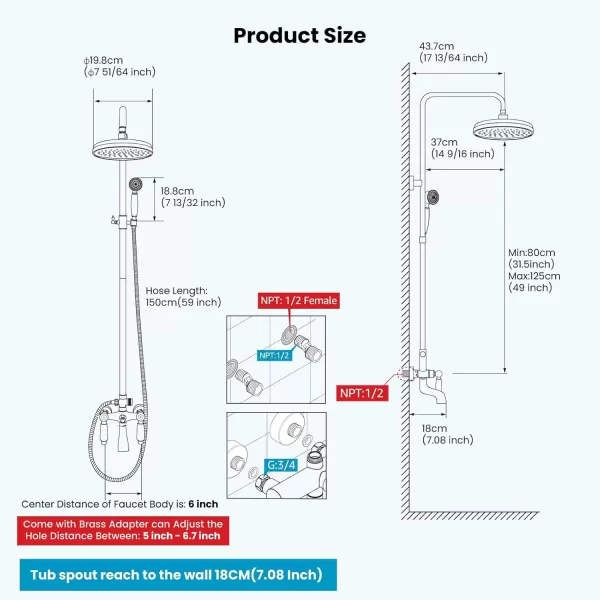 imagegotonovo Polished Chrome Exposed Pipe Bathroom Shower System Wall Mount 8 Round Shower Head Triple Function Mixer Shower Faucet Sets with 2 Lever Knobs Handheld Sprayer with Tub SpoutAntique Brass