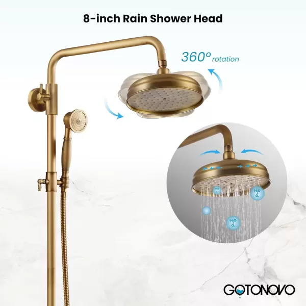 imagegotonovo Polished Chrome Exposed Pipe Bathroom Shower System Wall Mount 8 Round Shower Head Triple Function Mixer Shower Faucet Sets with 2 Lever Knobs Handheld Sprayer with Tub SpoutAntique Brass