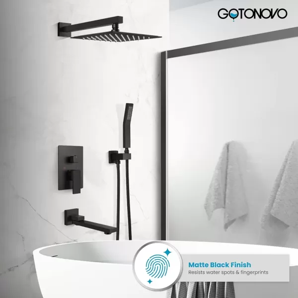 imagegotonovo Polished Chrome Rain Mixer Shower Faucet Set with Waterfall Tub Spout 12 Inch Square Rainfall Shower Head Ceiling Mount with Handheld Spray Roughin Valve and Trim IncludedMatte Black