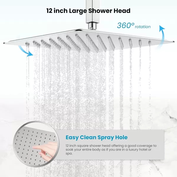 imagegotonovo Polished Chrome Rain Mixer Shower Faucet Set with Waterfall Tub Spout 12 Inch Square Rainfall Shower Head Ceiling Mount with Handheld Spray Roughin Valve and Trim IncludedChrome Polished