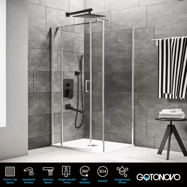 imagegotonovo Polished Chrome Rain Mixer Shower Faucet Set with Waterfall Tub Spout 12 Inch Square Rainfall Shower Head Ceiling Mount with Handheld Spray Roughin Valve and Trim IncludedOil Rubbed Bronze