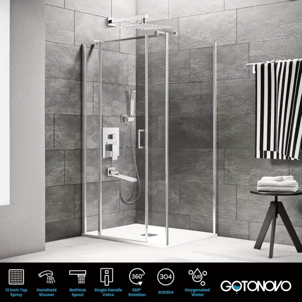 imagegotonovo Polished Chrome Rain Mixer Shower Faucet Set with Waterfall Tub Spout 12 Inch Square Rainfall Shower Head Ceiling Mount with Handheld Spray Roughin Valve and Trim IncludedChrome Polished