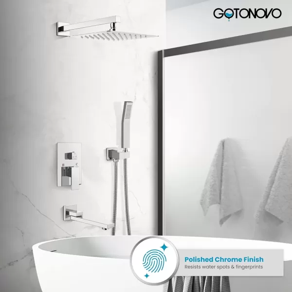 imagegotonovo Polished Chrome Rain Mixer Shower Faucet Set with Waterfall Tub Spout 12 Inch Square Rainfall Shower Head Ceiling Mount with Handheld Spray Roughin Valve and Trim IncludedChrome Polished