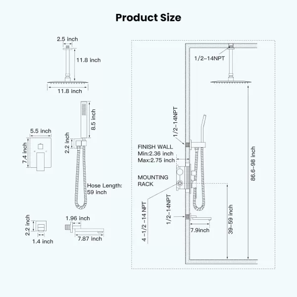 imagegotonovo Polished Chrome Rain Mixer Shower Faucet Set with Waterfall Tub Spout 12 Inch Square Rainfall Shower Head Ceiling Mount with Handheld Spray Roughin Valve and Trim IncludedChrome Polished
