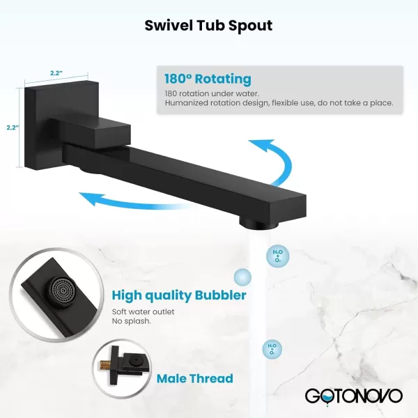 imagegotonovo Polished Chrome Rain Mixer Shower Faucet Set with Waterfall Tub Spout 12 Inch Square Rainfall Shower Head Ceiling Mount with Handheld Spray Roughin Valve and Trim IncludedMatte Black